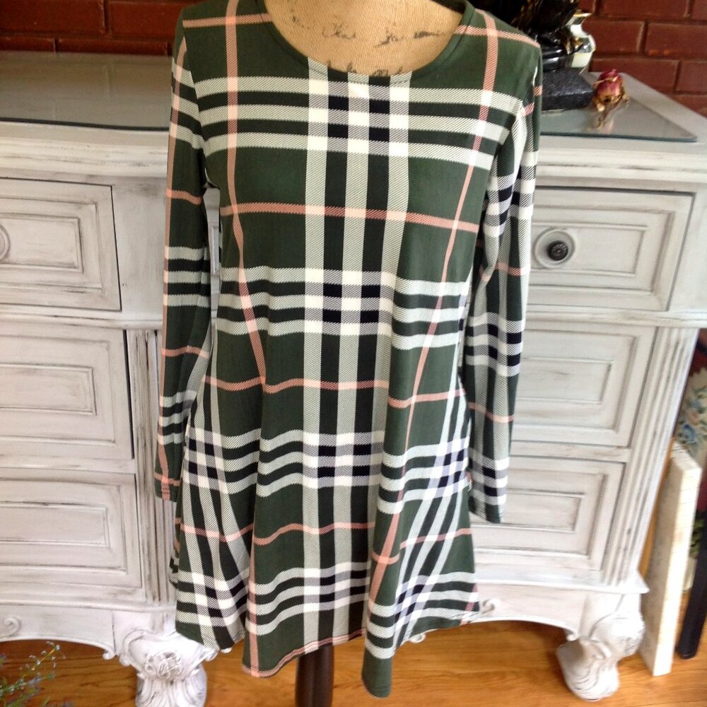 Womens Pink, Gray, & White Plaid Swing Tunic Sz S/M